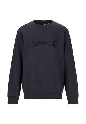 Marineblå sweatshirt med struktureret stof. Har et stort sort "SPACE" logo på forsiden samt ribbede manchetter og kant.