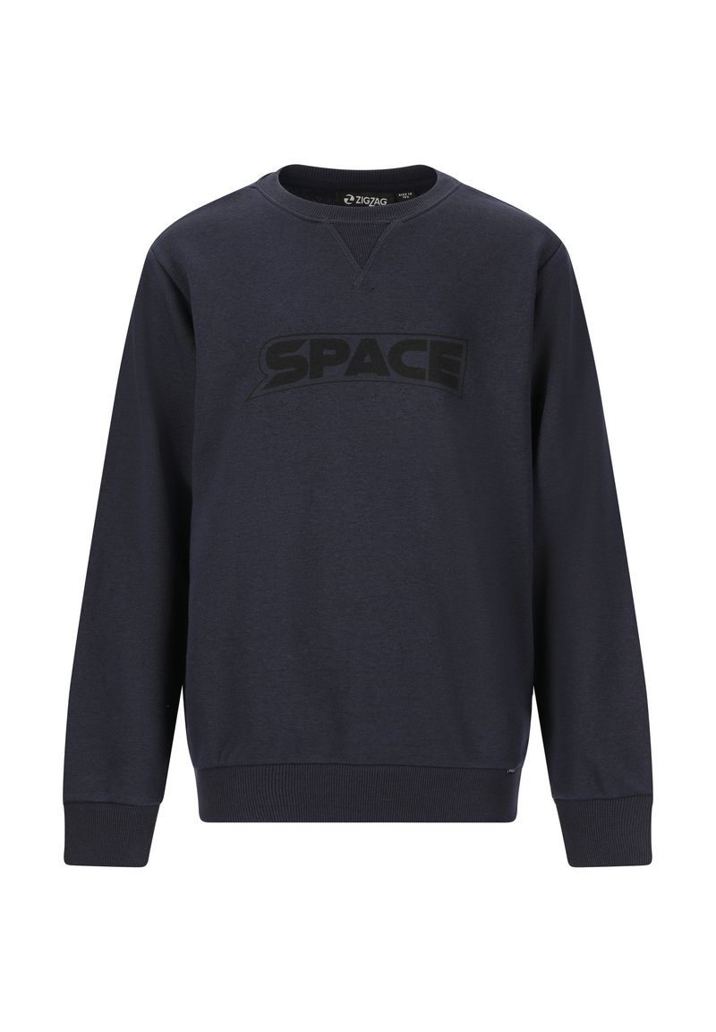 Marineblå sweatshirt med struktureret stof. Har et stort sort "SPACE" logo på forsiden samt ribbede manchetter og kant.