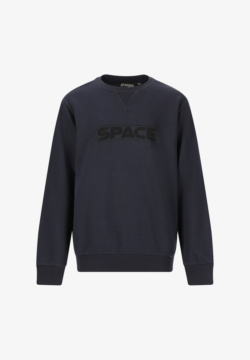 Sweatshirt bleu marine en tissu texturé. Présente un grand logo noir "SPACE" sur le devant et des poignets et un ourlet côtelés.