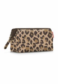 Pochette cosmetica con stampa leopardo in beige e marrone, realizzata in tessuto resistente, dotata di chiusura con zip e manico laterale per un facile trasporto.