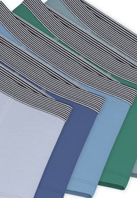 Πέντε ζευγάρια ανδρικά μποξεράκια σε διάφορες αποχρώσεις: ανοιχτό μπλε, σκούρο μπλε, τιρκουάζ, πράσινο και γκρι, με ριγέ μαύρη και λευκή μέση.