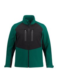 Softshelljacka med grön kropp och svarta detaljer, dragkedjeförsedda bröstfickor, hög krage och en figursydd design. Lätt material.