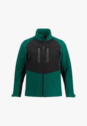 Kurtka softshell z zielonym korpusem i czarnymi akcentami, z zippowanymi kieszeniami na piersi, wysokim kołnierzem i dopasowanym krojem. Wykonana z lekkiego materiału.