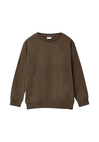 Brązowy sweter z miękkiego materiału. Posiada okrągły dekolt, długie rękawy oraz prążkowane mankiety. Prosty design bez wzorów czy akcentów.