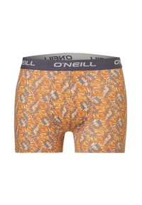 Oranje boxershorts met een bloemenpatroon, voorzien van een donkergrijze elastische tailleband met het "O'Neill" logo en gestikte details.
