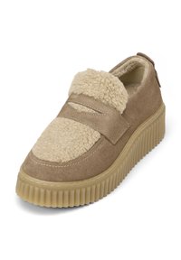 Braune Wildleder-slipper mit tanfarbenen Kunstfellakzenten, strapazierfähiger Gummisohle und strukturiertem, geripptem Design. Verfügt über ein breites Riemen-Detail.