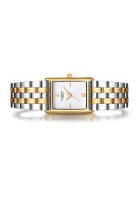 Reloj rectangular bicolor en oro y plata con una esfera blanca texturizada, manecillas doradas y una pulsera de metal tipo broche.