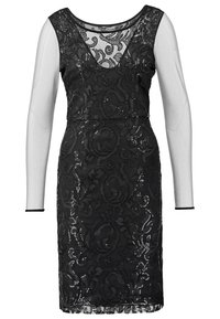 Černé šaty s květinovou krajkovou vrstvou, dlouhými průhlednými rukávy, véčkovým výstřihem a přiléhavým střihem s akcenty ze flitrů.