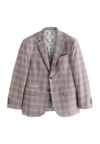 Hellrosa kariertes Blazer mit einem blumengeprägten Futter, zwei vorderen Taschen und Dreiknopfmanschetten. Aus strukturiertem Stoff gefertigt.