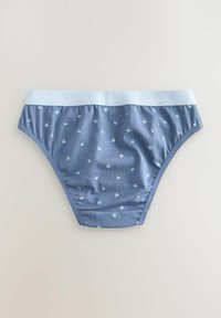 Bikini w kolorze niebieskim wykonany z bawełny, z jasnoniebieskim elastycznym pasem w talii, z kwiatowym wzorem przedstawiającym małe zielone i białe kwiaty.