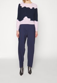 Pull en tricot bleu marine et rose avec un motif ondulé ; associé à un pantalon taille haute bleu marine ; bottines argentées brillantes à bout pointu.