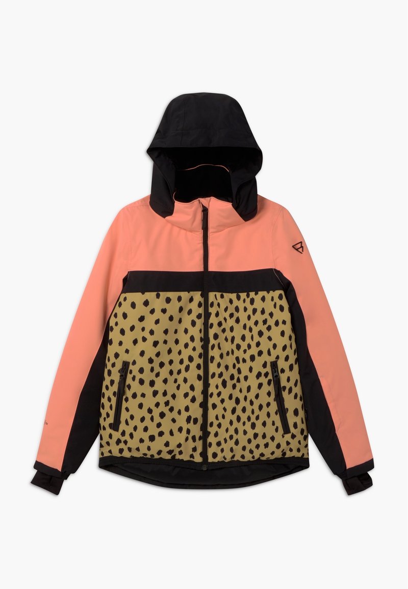 Farbe-blockierte Jacke mit einer schwarzen Kapuze, pinkem oberen Bereich und einem beigefarbenen unteren Abschnitt mit schwarzen Leopardenflecken. Mit Reißverschlusstaschen an den Seiten.