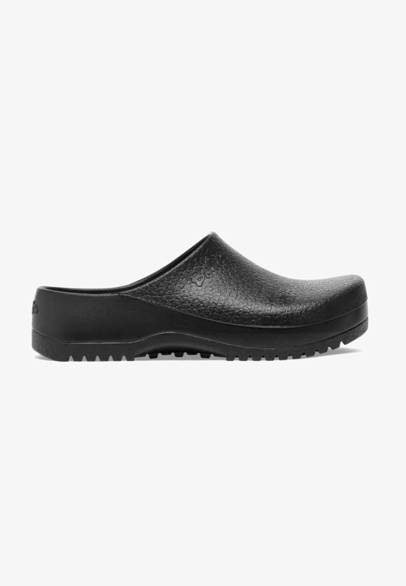 Black clog featuring a textured upper and a smooth, contoured sole with a ridged traction pattern. Lightweight and designed for easy wear.