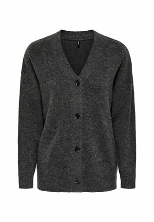 Šedý cardigan vyrobený z měkké pleteniny; má výstřih do V, dlouhé rukávy a čtyři černé knoflíky vpředu.