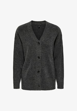 Grauer Cardigan aus weichem Strickmaterial; verfügt über einen V-Ausschnitt, lange Ärmel und vier schwarze Knöpfe vorne.