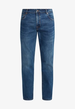Mørkeblå denimjeans med rett skjæring, som har en klassisk femlommersdesign, kontrastsøm og en subtil falmet tekstur.