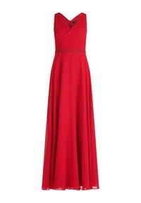 Rotes Abendkleid mit V-Ausschnitt, Empire-Taillierung, gefälteltem Oberteil und bodenlangem Rock. Mit Perlendetails an der Taille akzentuiert.