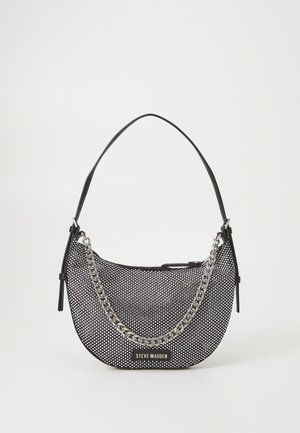 Black mesh handbag with a silver chain accent, rounded shape, textured surface, and a slim black strap. Features brand label in front.