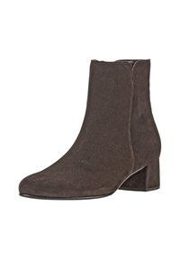 Brown suede ankle boot with a low block heel, rounded toe, and smooth texture. Features a clean design with minimal stitching accents.