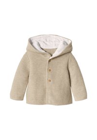 Hellbeige gestrickter Kapuzenpullover, mit einem weißen, gefütterten Innenbereich, Holzknöpfen und langen Ärmeln mit einer breiten, strukturierten Optik.