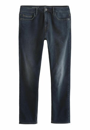Jean en denim bleu foncé avec une coupe slim, un design cinq poches et un léger délavage. Dispose d'une fermeture à bouton et à zip à l'avant.