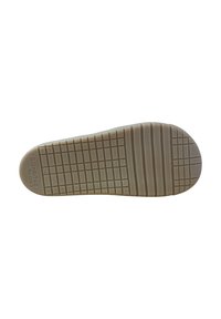 Suela de zapato de goma con superficie texturizada que presenta un patrón de cuadrícula. Color beige claro, punta redondeada y un diseño robusto y plano.