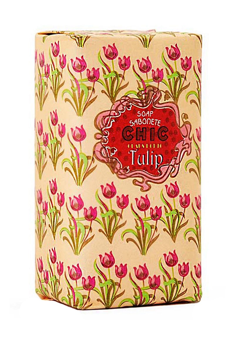 Wrapped soap bar in a rectangular shape, featuring a beige background adorned with pink tulips and green stems. Red label with "Chic Tulip."