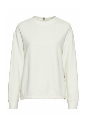 Weißes Waffel-Strick Sweatshirt mit Rundhalsausschnitt, überschnittenen Schultern und gerippten Bündchen. Weiche Textur und lässige Passform. Keine zusätzlichen Verzierungen.