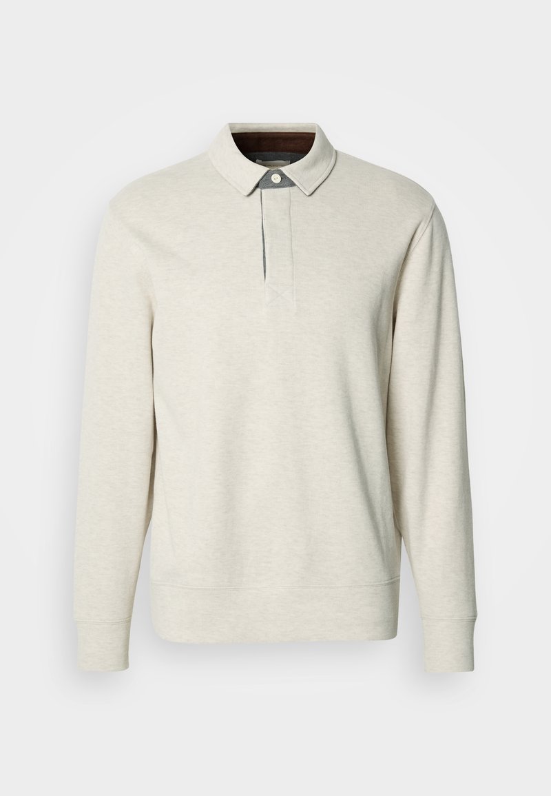 Light beige pullover with a collared neck and a button detail, featuring long sleeves and a soft, textured fabric.
