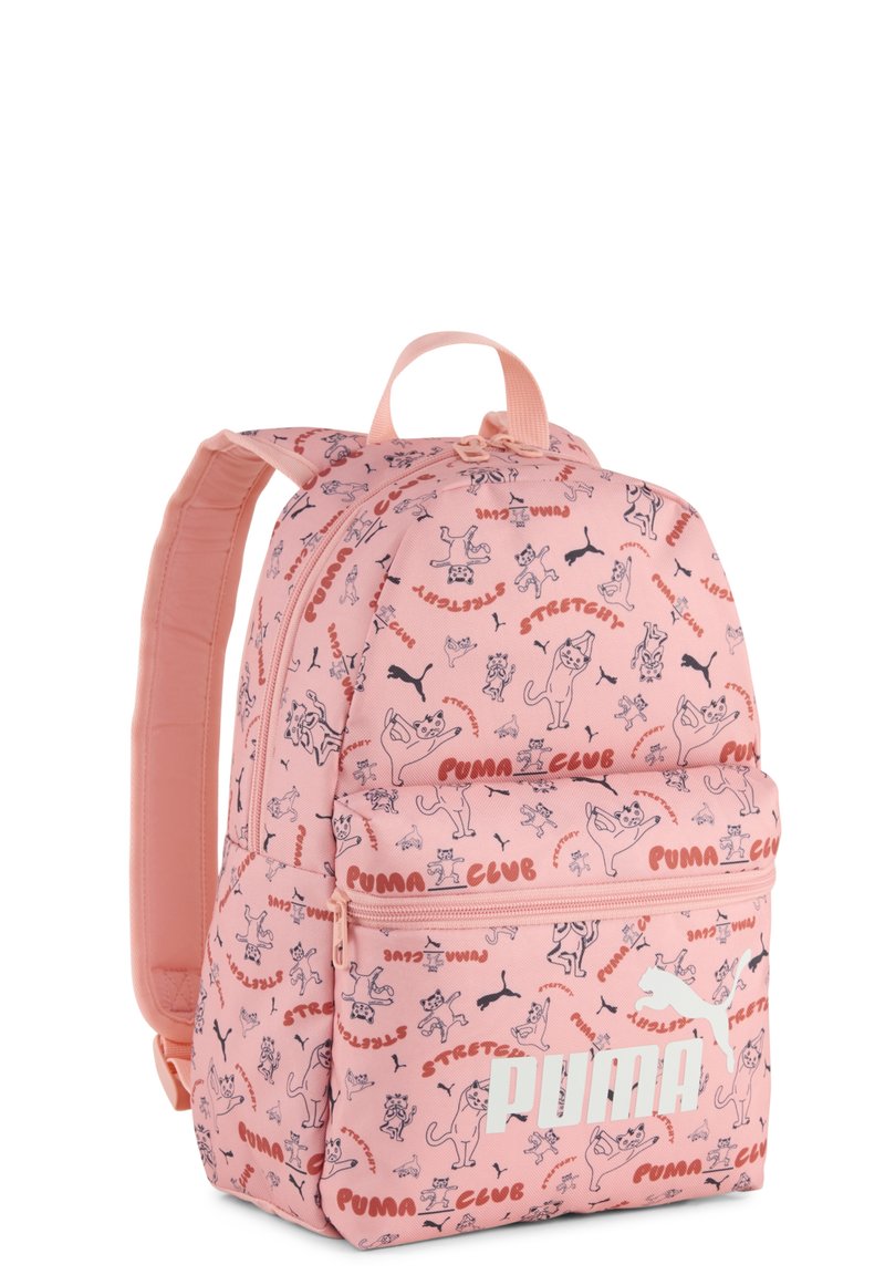 Zaino rosa con vari gatti dei cartoni e il logo "PUMA" in bianco. Due compartimenti con zip e spallacci imbottiti per il comfort.