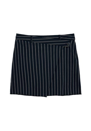 Black mini skirt with vertical white pinstripes, asymmetric front flap secured by a single black button at the waistband.