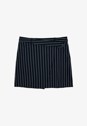 Black mini skirt with vertical white pinstripes, asymmetric front flap secured by a single black button at the waistband.