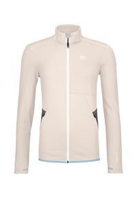 Beige full-zip jacket with high collar, light blue trim, dark gray zippered side pockets, and a white logo on the chest.