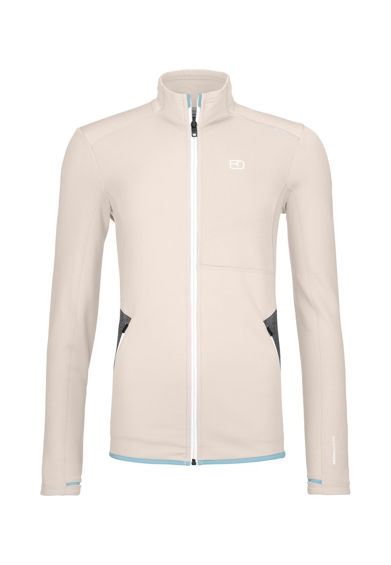 Beige full-zip jacket with high collar, light blue trim, dark gray zippered side pockets, and a white logo on the chest.