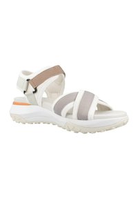 Sandalia deportiva con correas en blanco, gris y marrón. Cuenta con una correa ajustable en el tobillo y una suela de goma texturizada para mayor agarre.