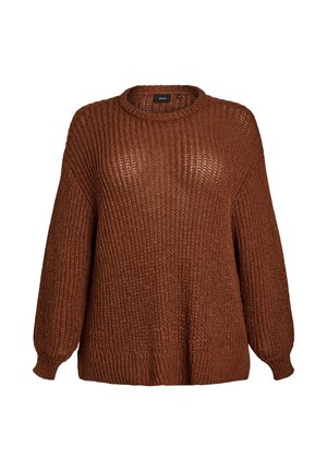 Pull en tricot marron à coupe ample, col rond, manches longues et motif côtelé texturé. Il dispose d'un large ourlet en bas et de poignets.