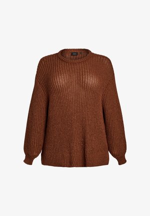 Maglione marrone a maglia con una vestibilità ampia, colletto rotondo, maniche lunghe e motivo a costine testurizzato. Presenta un orlo inferiore e dei polsini larghi.