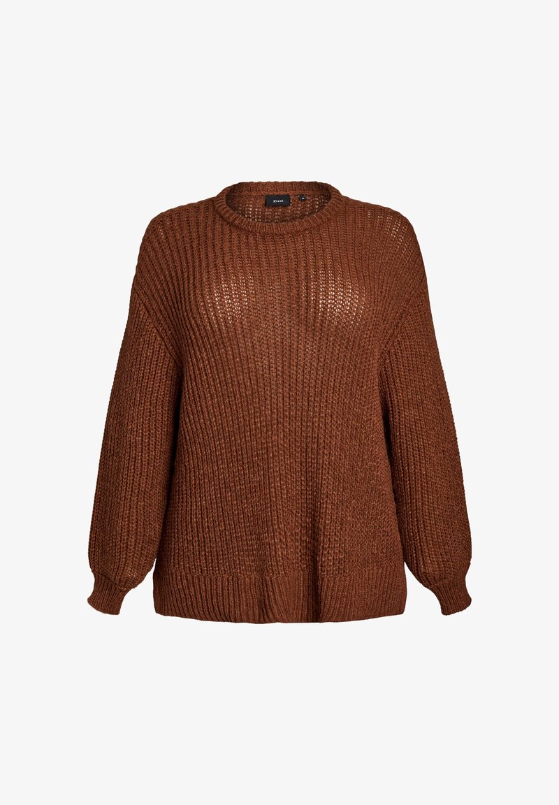 Rudas megztinis su laisvu siluetu, apvalia iškirpte, ilgomis rankovėmis ir tekstūruotu briaunotu raštu. Yra platus apatinis kraštas ir rankogaliai.