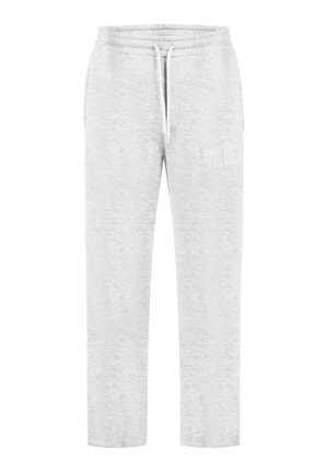 Pantaloni della tuta grigio chiaro con vita elasticizzata e coulisse bianca, vestibilità a gamba dritta e logo bianco sobrio sulla parte superiore della coscia.