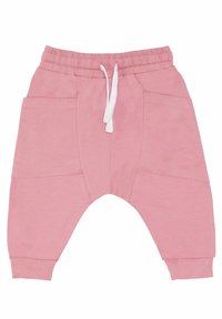 Joggers de algodón rosa con cintura elástica, cordón blanco y dos bolsillos laterales. Presenta puños ajustados en los tobillos.