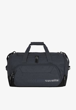 Borsa da viaggio grigia con scomparti con zip, manici robusti e una finitura testurizzata. Presenta un logo e una base nera a contrasto.