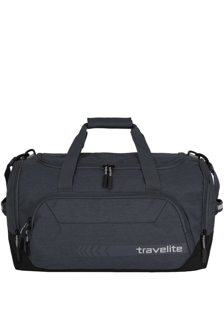 Sac de voyage gris avec des compartiments zippés, des poignées robustes et une finition texturée. Il présente un logo et une base noire contrastante.