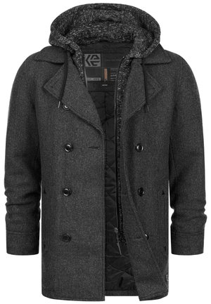Tmavě šedý dvouřadý vlněný kabát s knoflíkovým zapínáním a připojenou kapucí na zip ve sladěné texturované tkanině.