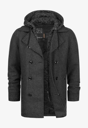 Mørkegrå dobbeltspent ullfrakk med knappelukking og tilknyttet hette med glidelås i matchende teksturert stoff.