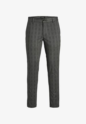 Hallide särkide mustriga püksid, millel on täiuslik sobivus, sile tekstuur, nööbiga sulgemine ja vööloopide süsteem, mõeldud igapäeva- ja poolvormiliseks kandmiseks.