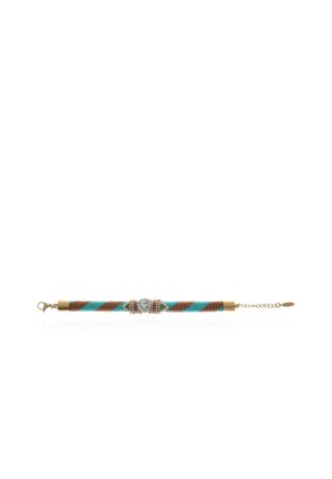 Beaded bracelet with diagonal turquoise and brown stripes, gold end caps, central silver decorative element, and gold clasp with chain extender.