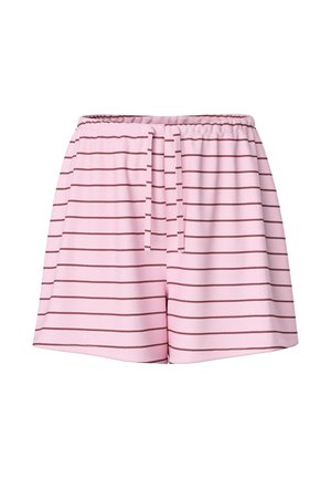 Shorts roses avec des rayures marron horizontales, taille élastique et détail noué à l'avant.