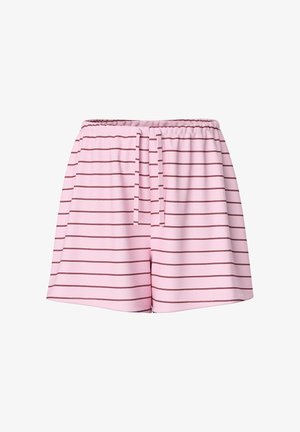Shorts roses avec des rayures marron horizontales, taille élastique et détail noué à l'avant.