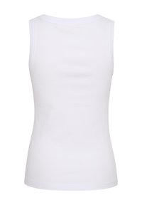 Débardeur blanc sans manches à côtes avec encolure ronde, vu de dos sur un fond blanc uni.