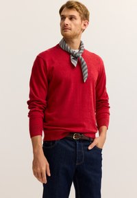 Roter gestrickter Pullover mit langen Ärmeln und rundem Ausschnitt, kombiniert mit dunklen Jeans. Mit einem schwarz-weiß gestreiften Schal, der um den Hals gebunden ist, accessoriert.